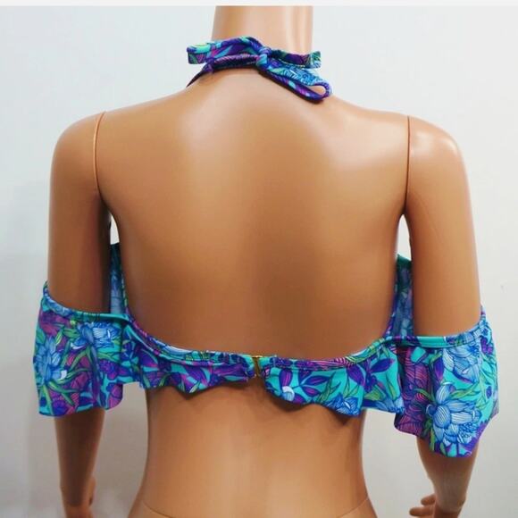 Xhilaration Blue and Purple Bikini Top with Ruffle Overlay Off The Shoulder - Picture 2 of 5